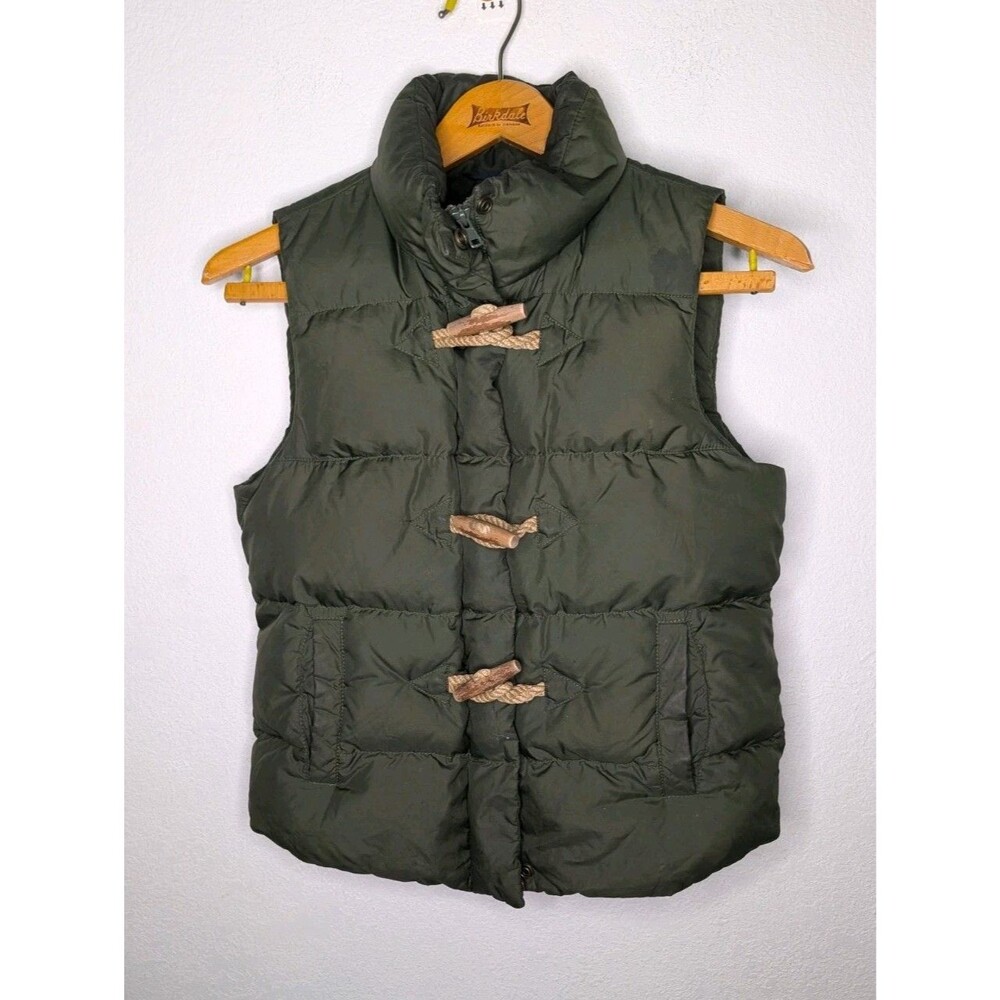 J Crew Womens Down Vest Size XS Green Puffy Toggle Buttons Full Zip (000)